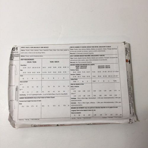 Simplicity 5931 Size XS-L XS-XL Child's Teens Adults' Robe Belt - Bild 2 von 3