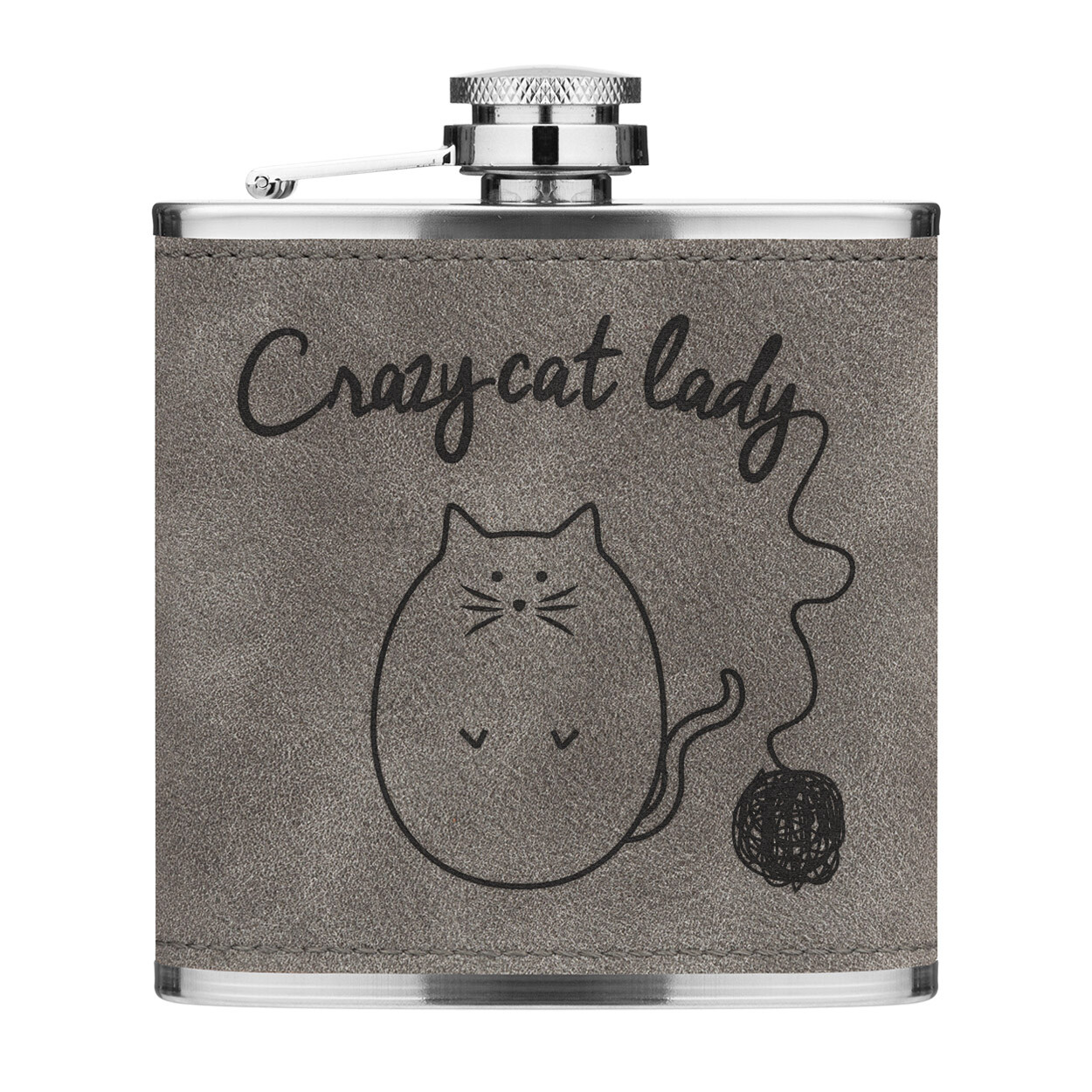 Ball Of Yarn Crazy Cat Lady 6oz PU Leather Hip Flask Grey Kitten Funny