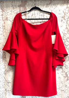 NWT Boston Proper Red Off Shoulder Bell/Flouncy Sleeves Above Knee Dress Size 14