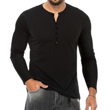 Mens Grandad Long Sleeve V-Neck Shirt Top Casual Button Collarless T Shirt Tee