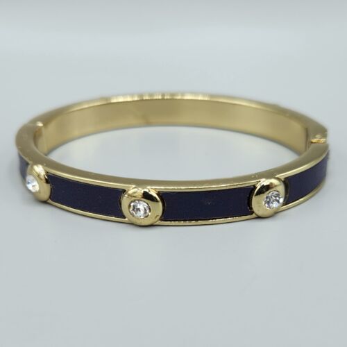 Indigo Blue Faux Leather Inlay Crystal Stud Gold Tone Hinge Bangle Bracelet 7"