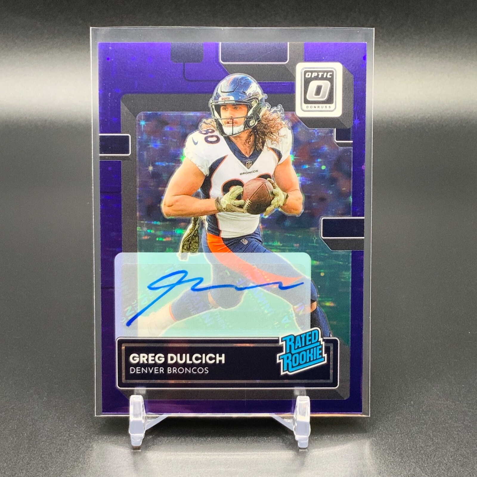 2022 Panini Donruss Optic Greg Dulcich Rated Rookie Auto Purple Stars /50 GRC70