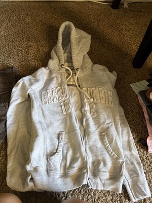 Abercrombie & Fitch Gray Women s M Full-Zip Fleece Cotton Logo Hoodie Pockets