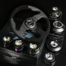 NRG 170H HUB+GEN 2.0 QUICK RELEASE+LEATHER SUEDE 3 SPOKES STEERING WHEEL BLACK