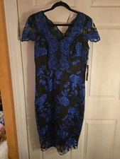 JAX Black Label Black & Blue Floral Embroidered Mesh Dress Size 10 NWT NEW