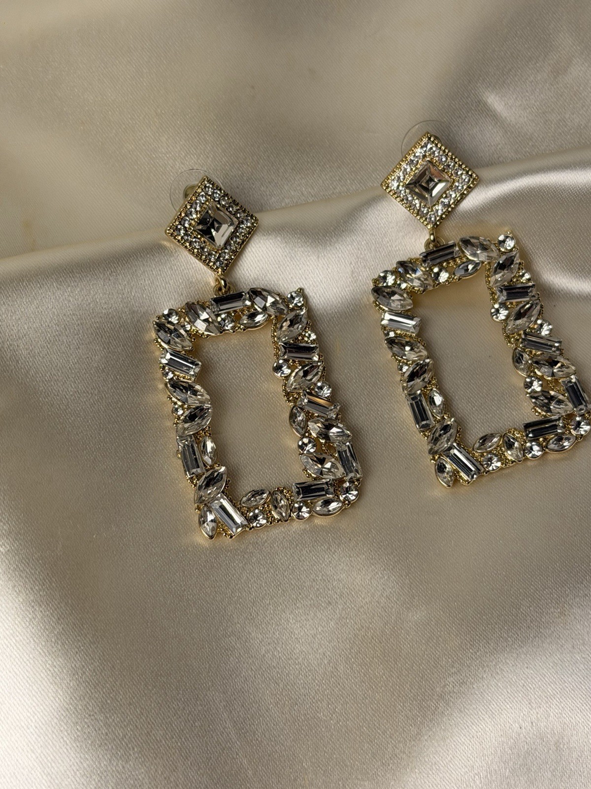 Gold Tone Rectangular Rhinestone Drop Earrings – … - image 23