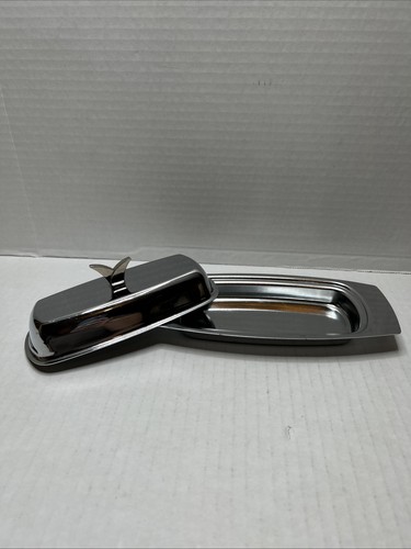 Vintage ~MCM Chrome Plated ~Butter Dish ~Missing Glass Insert Dish ~2 Piece Set - Picture 3 of 5