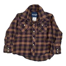 Wrangler Shirt Boys XS Brown Plaid Western Flannel Pearl Snap Long Sleeve