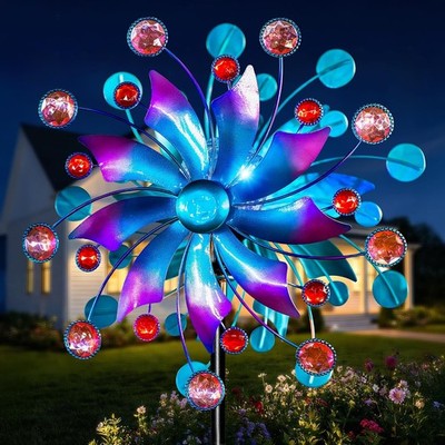Solar Wind Spinner Outdoor Metal Kinetic Wind Sculptures W/ Sparkling Jeweled