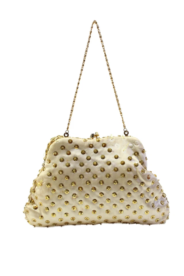 Bolso de mano de noche satinado con lentejuelas con marco Kisslock de diseñador para mujer blanco Foto 4 de 4