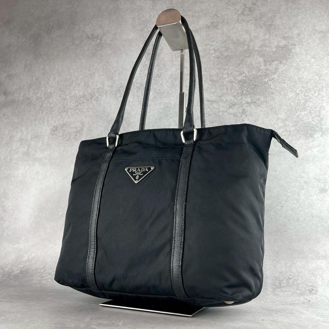 Prada Black Nylon Tote Bag with Leather Trim and Triangle Logo Pre-Owned