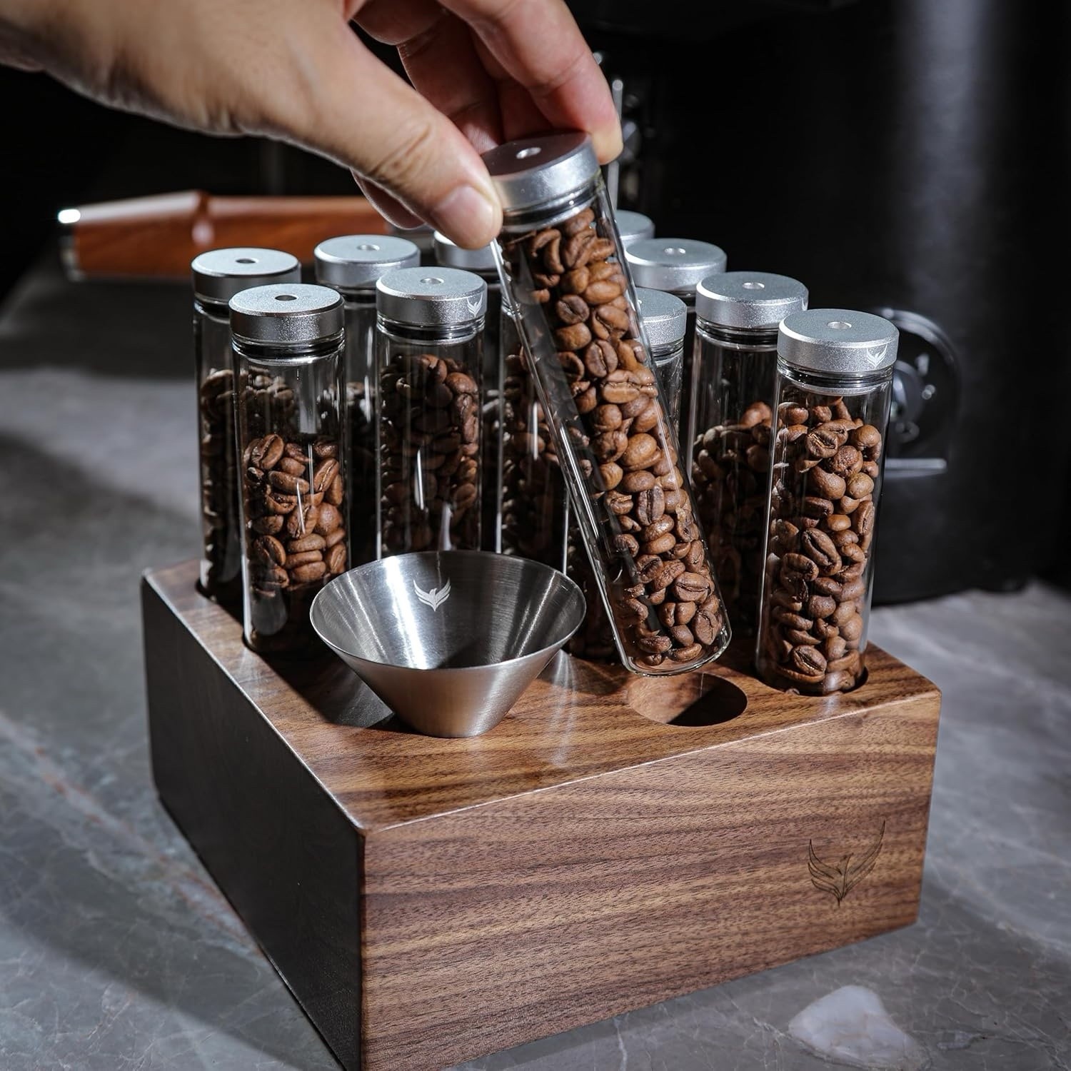 KNODOS 12pc Coffee Bean Storage Tubes w/ Walnut Stand, One-W