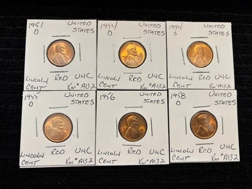 UNITED STATES 1951 D TO  1958 D  LINCOLN  WHEAT CENTS  6 COIN UNC  LOT  H30