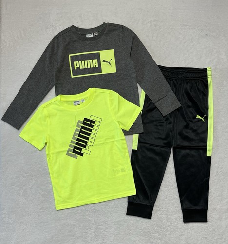 Puma Kids 3 Piece Set Boys Size 5 Yellow Grey Black Shirt Pants Logo Outfit New