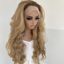 Heat Resistant Synthetic Hair Mixed Blonde Long Wavy Glue Less Lace Front Wig