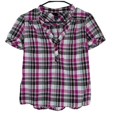 H&M Pink Black White Plaid Y2K Short Sleeve V-Neck Preppy Blouse Women's Size 10