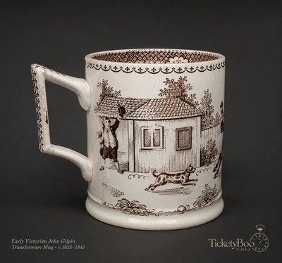 Seltener antiker Staffordshire 1 Pint John Gilpin Brown Transferware Taverne Becher um 1830