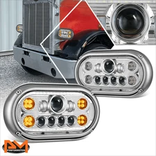 For 67-87 Peterbilt 359 LED Halo Ring DRL Projector Chrome Housing Headlights