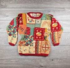 Vintage Crystal-Kobe Patchwork Knit Jumper 90s Folk Cottagecore Sweater Medium