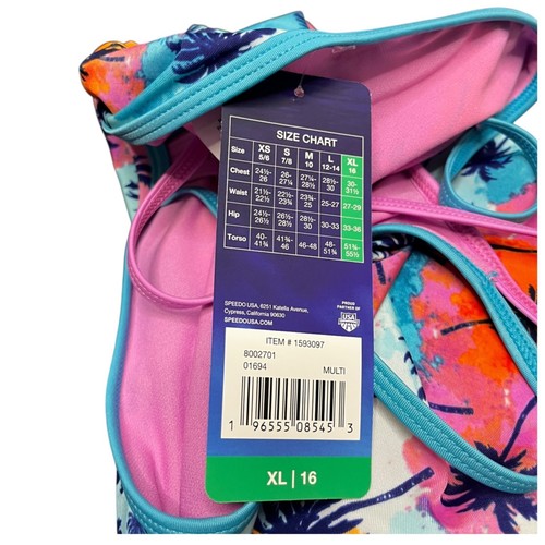 Costume da bagno Speedo bambina cinturino sottile pezzo unico XL 16 regular multi palma rosa blu - Foto 6 di 9
