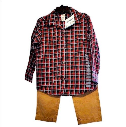 CARTER'S TODDLER BOYS SIZE 4T RED AND GREEN PLAID TOP WITH KHAKIS SET