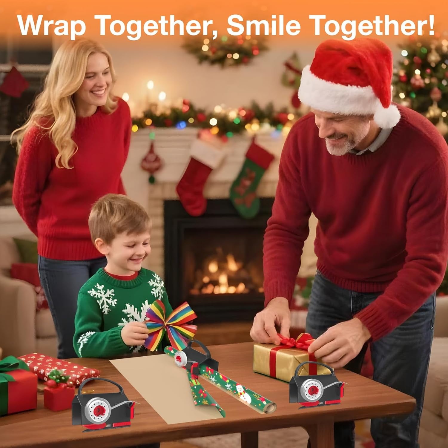 Wrapping Paper Cutter(2-Pack)&Tape Dispenser Dual Use with 4 Tapes for Christmas