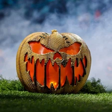 14" Animated Flaming Burlap Pumpkin Halloween Decoration – LED Flickering Flame