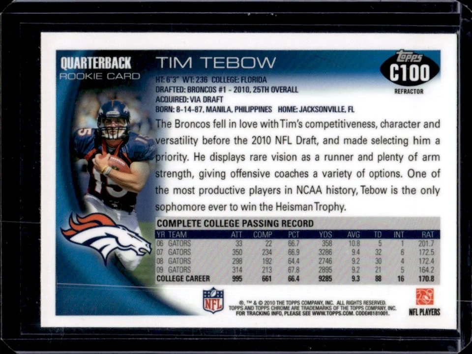 2010 Topps Chrome Tim Tebow RC Refractor Rookie #C100 Broncos - Image 2 of 2