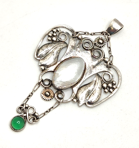 Vintage Jugendstil Sterlingsilber Perle & Chrysopras Anhänger 2,5" lang x 1,5"