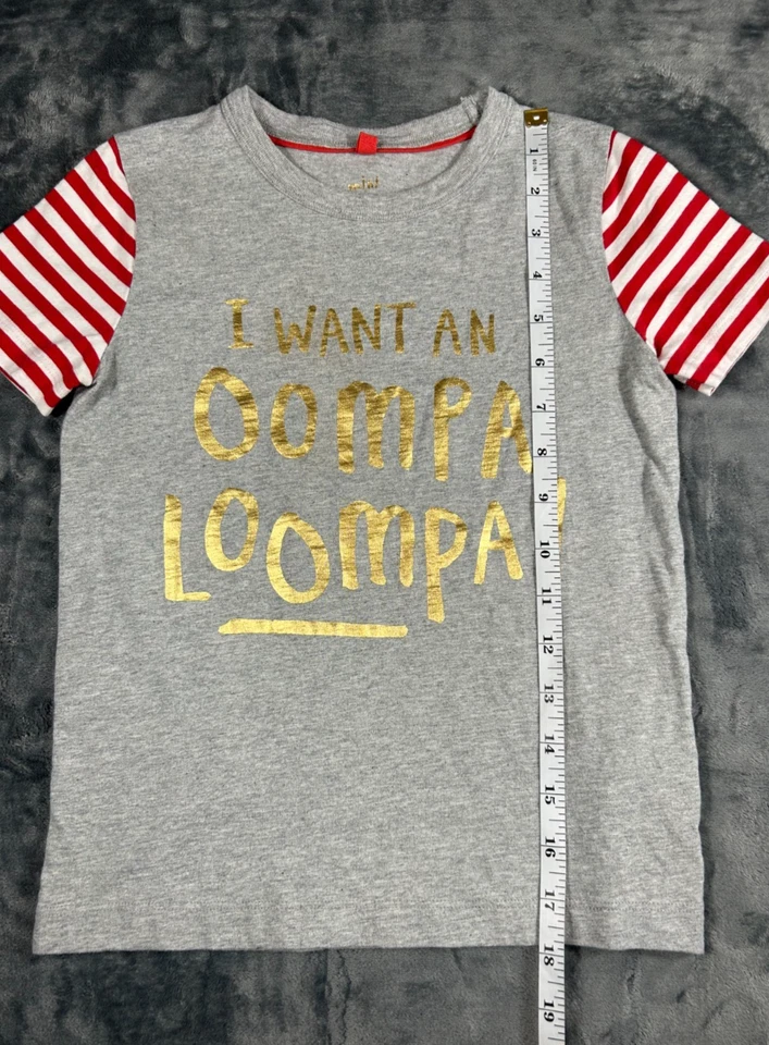 Camiseta Mini Boden Navidad Vacaciones 4-5 Años Rayas Rojas Oompa Loompa Usada en Excelente Condición Foto 3 de 4