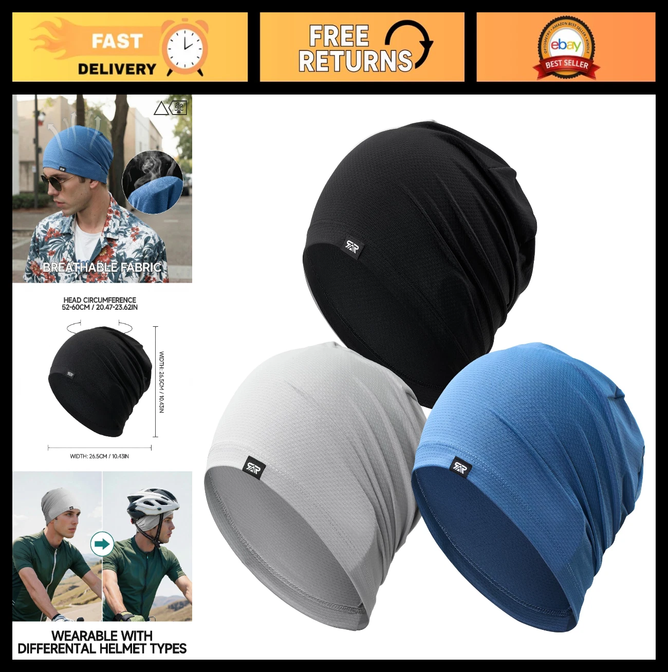 3Pcs Lightweight Cooling Skull Cap Beanie - Breathable Quick Dry Running Hat for