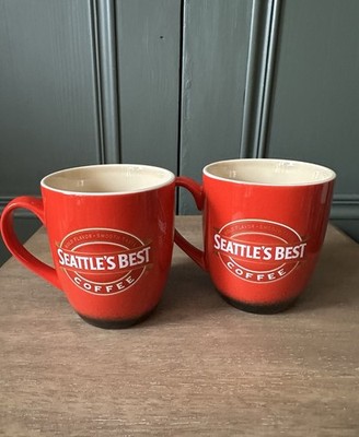 Vintage Seattle's Best Kaffeetassen x2, rot Steinzeug beige innen seltene Ausgabe