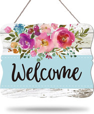 Spring Floral Wooden Welcome Sign Front Door Decor Watercolor Flower Hanging Sig