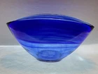 Blenko Cobalt Blue Swirl Art Glass Bowl Boat Oval Centerpiece Hand-blown Signed