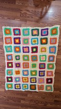 Vintage Granny Square Afghan Throw Cream White Background Colorful Squares 44x58