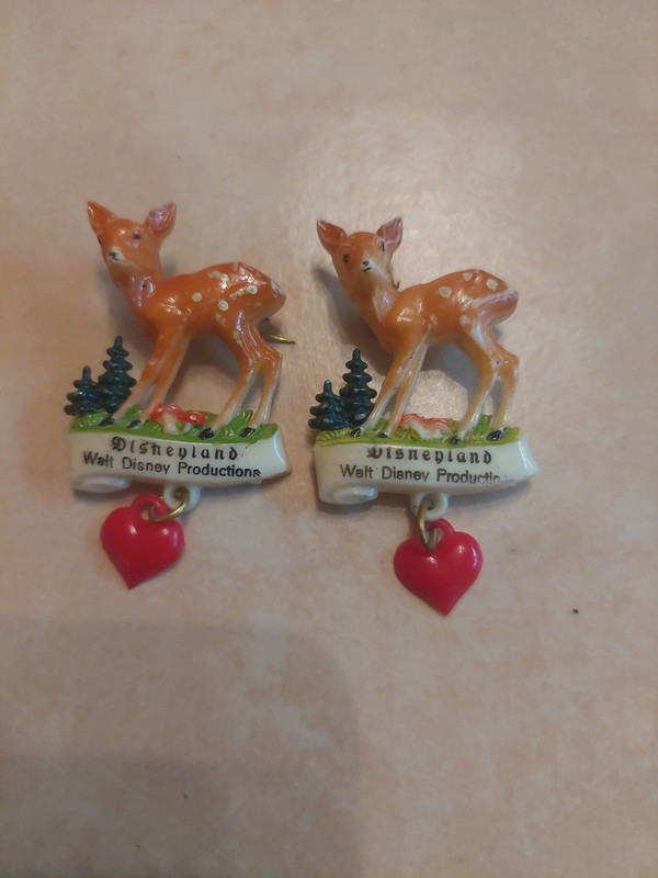 2 Pc Lot Of Vintage Disneyland Pin Figural Bambi Dangle w Heart 1950s
