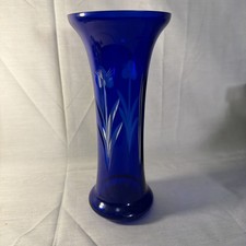 Vintage Badash Cobalt Blue Hand Cut Crystal Vase W/ Etched Floral Design 10