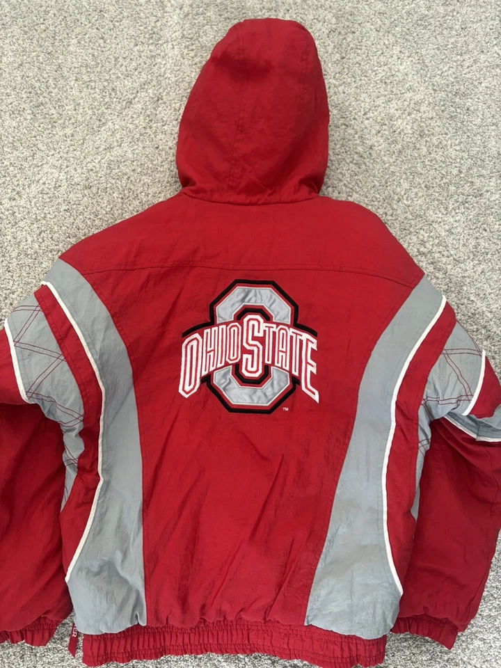 Pulôver vintage anos 90 NCAA Starter Ohio State Buckeyes 1/2 zíper capuz casaco tamanho XL - Imagem 2 de 3