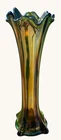 Antique Fenton Green Carnival Glass Swung Vase Fine Rib 11" Iridescent 1910s Art