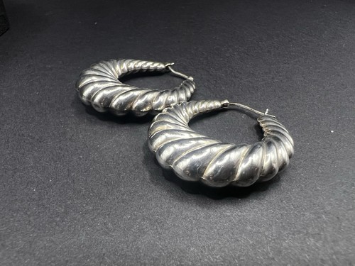 Vintage Sterling Silver Puffy Ribbed Oval Hoop Earrings 1.5" Long - Picture 5 of 9