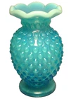 c1940 FENTON blue OPALESCENT multi RUFFLED TOP HOBNAIL 3.75" VASE- BEADED - MINT