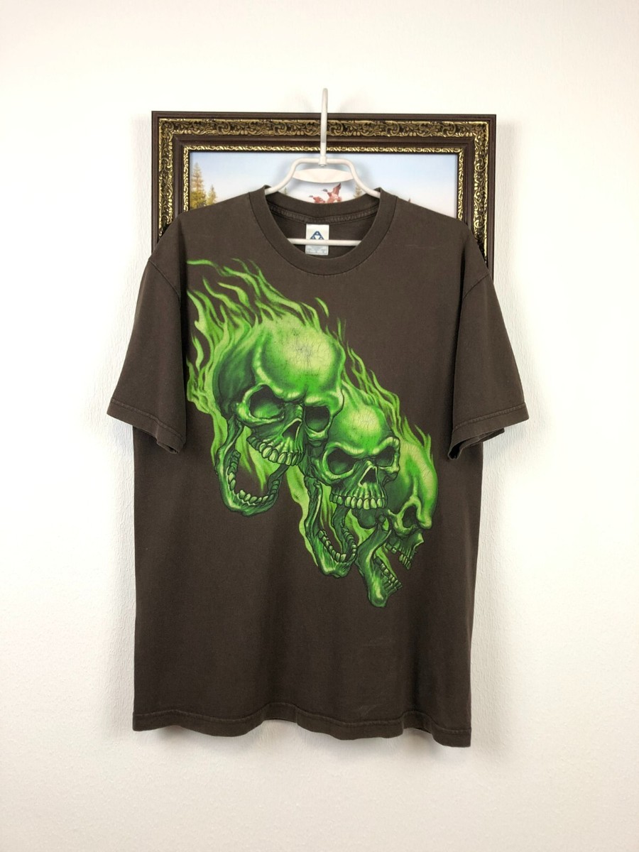 SKULL PEACE 90sヴィンテージtシャツ Vintage 90s Green Flaming Skulls Tee Rare Shirt Hype Over Print
