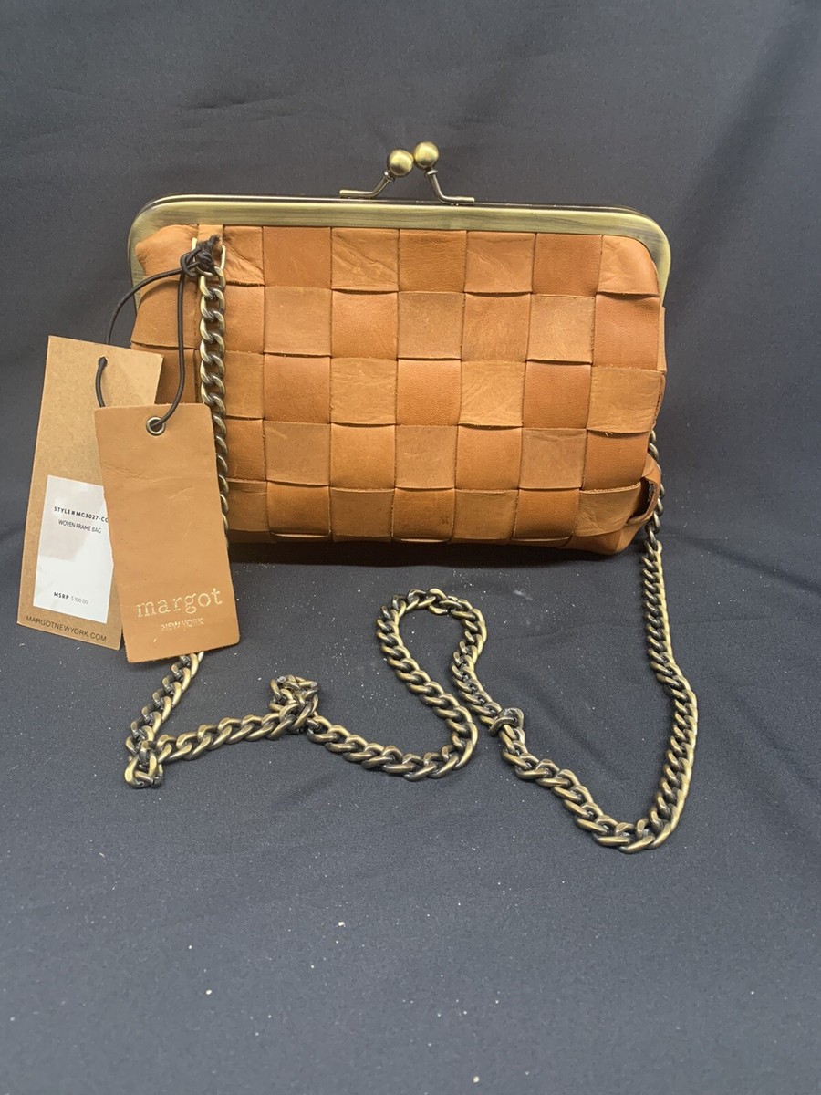 Margot New York Tan Woven Basketweave Leather Clutch with Chain Strap