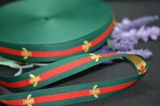 2 Yards green and red striped ribbon w/ gold embroidered bee | 1 inch 1" | DIY