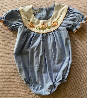 Sweet Dreams Girls Blue White Pumpkin Seersucker Fall Bubble Romper Size 6M