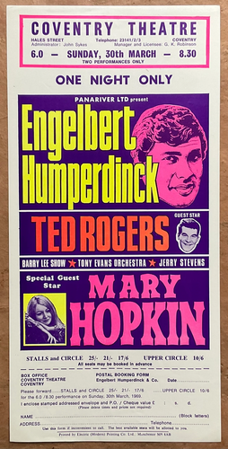 Mary Hopkin Engelbert Humperdinck concert original handbill flyer théâtre de Coventry - Photo 1 sur 1