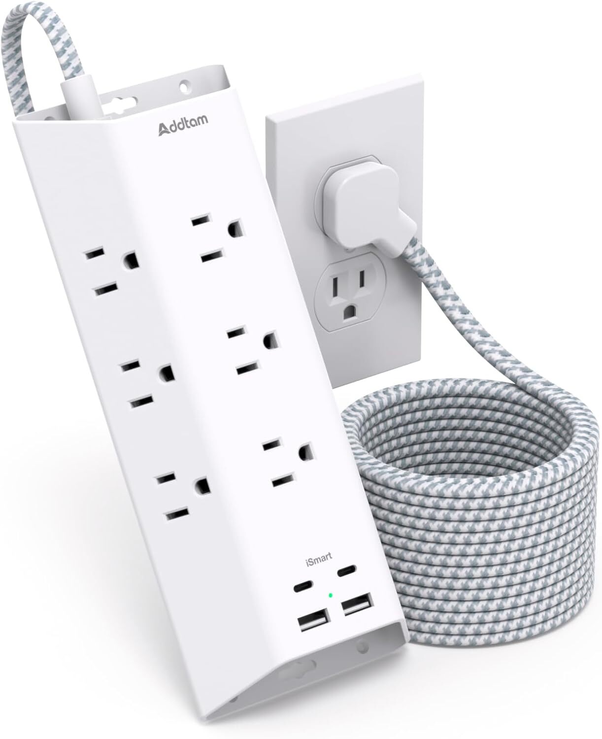 Surge Protector Power Strip, Addtam 5 ft Flat Plug Extension Cord 5 FT, White-image