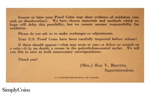 1960 Proof Set Silver Coins US Mint Lot Original Envelope COA MQ - Picture 4 of 5