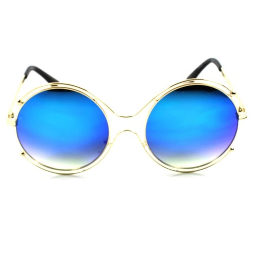 Blue Mirrored Lens Womens Upscale Designer Oversized Round Sunglasses Gold Frame - Picture 4 of 4