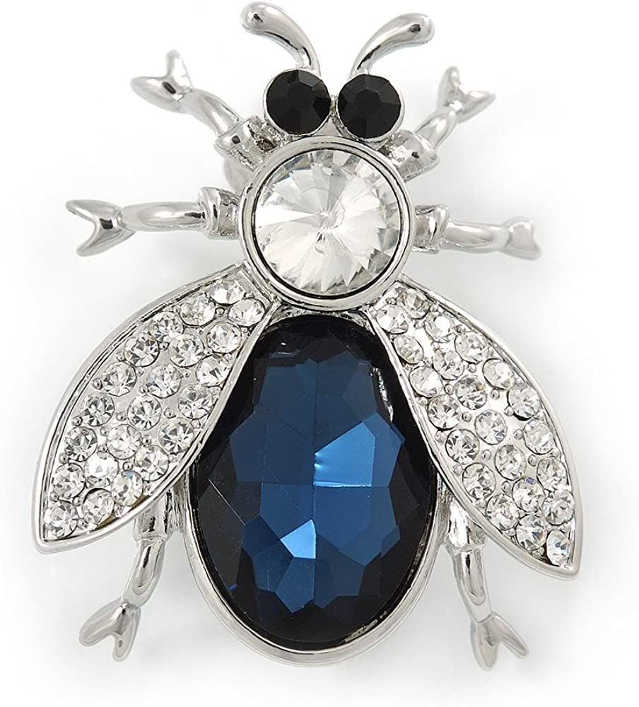 Avalaya Clear/Blue Crystal Fly Brooch in Rhodium Plated Metal - 35mm L